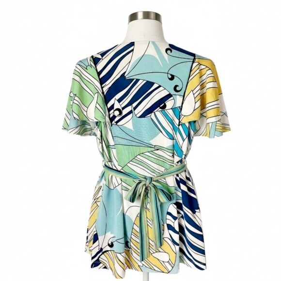 BCBGMAXAZRIA Abstract Art Deco Butterfly Blouse Striped Belted Peplum Top Sz M - Picture 5 of 15